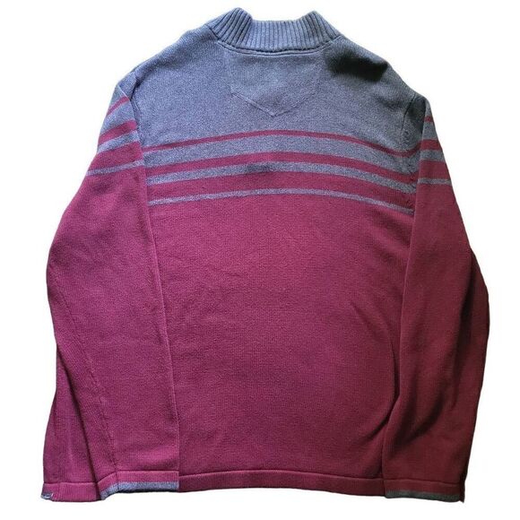 Eddie Bauer Sweater Men's 3X Burgundy Grey Quarter Zip Heavy Cotton Striped - Picture 2 of 4